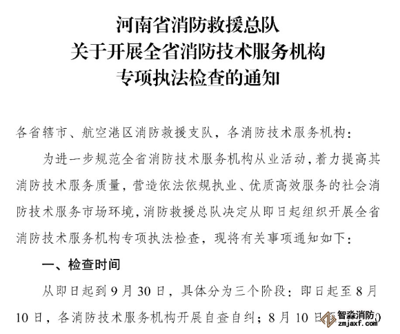 河南省消防救援總隊關于開展全省消防技術服務機構專項執(zhí)法檢查的通知